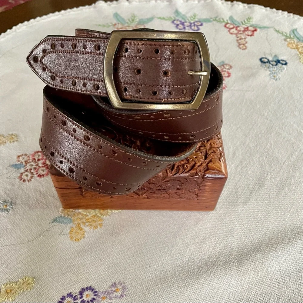 Vintage Leather Perforated Belt with Burnished Brass Buckle. Brown. Large 42-44